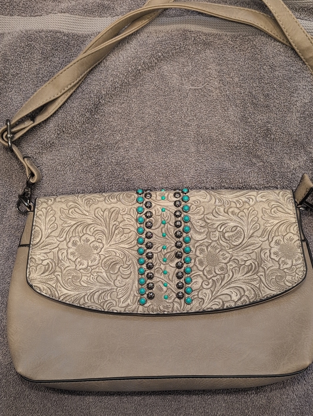 Embossed Floral Taupe Crossbody Bag with Turquoise Stud Accents